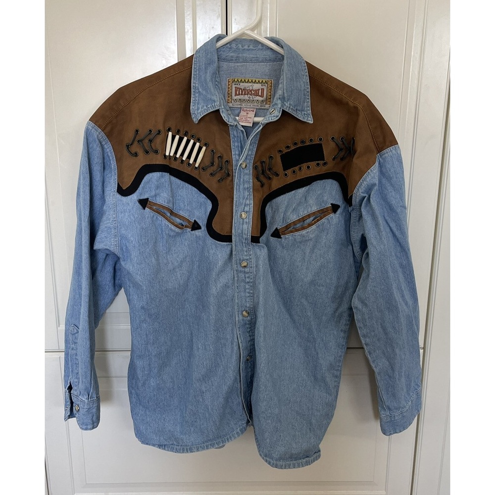 VTG 1990's River Gold Denim Western Shirt Pearl Snap Size S